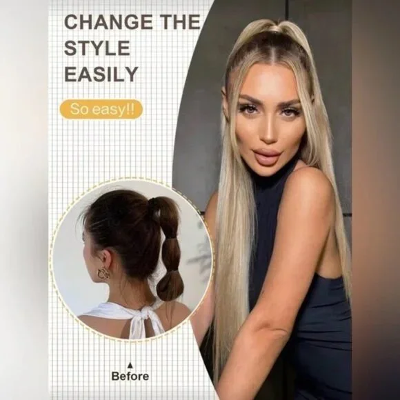 28” Human Hair Blend Wrap Around Ponytail – Silk Straight, Natural Ash Blonde - Picture 7 of 10